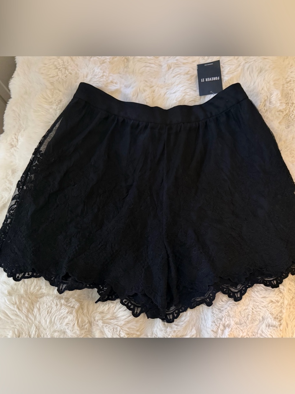 New lined black shorts, side zipper, pretty lace overlay. Large.